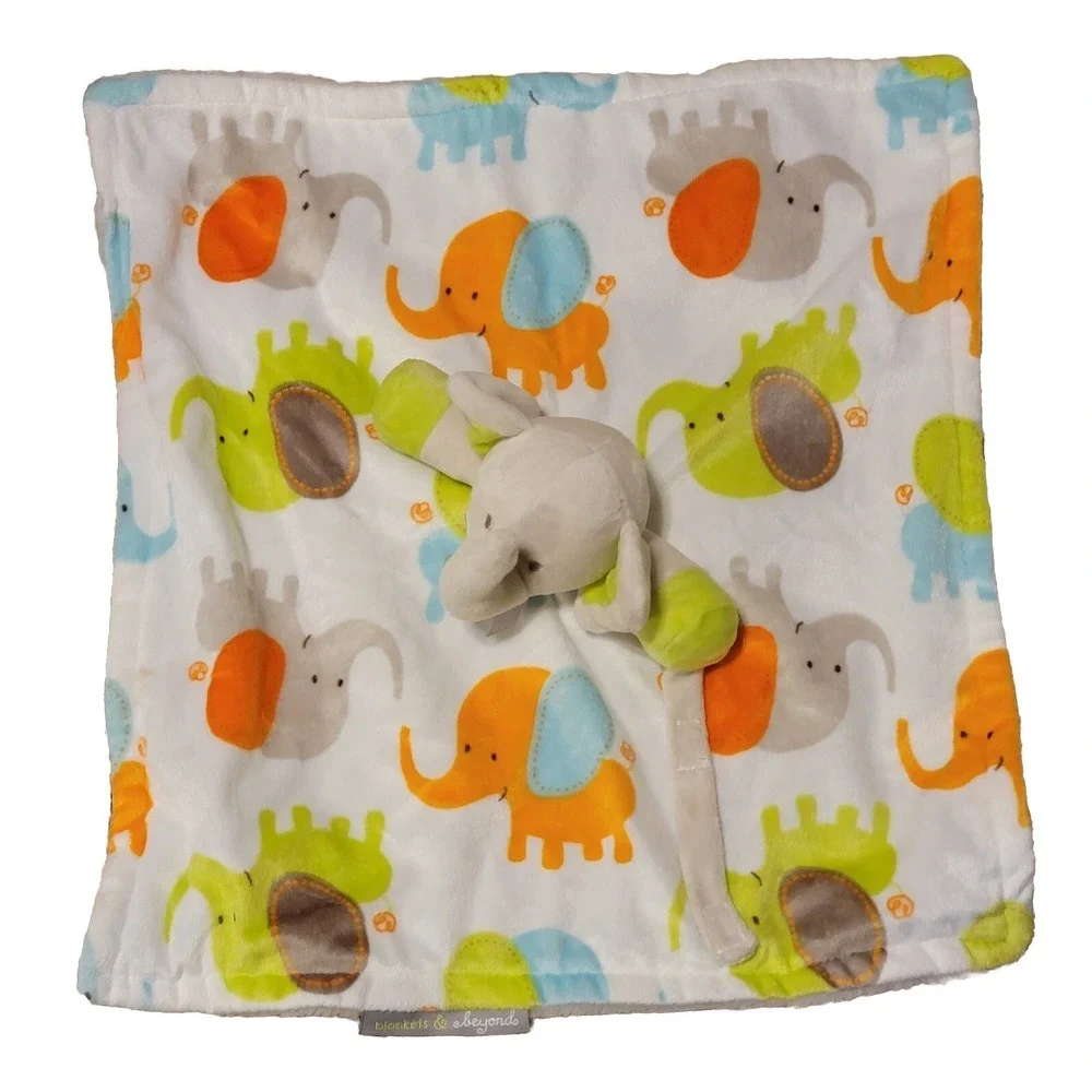 Blankets & Beyond Gray Elephant Lovey Baby Security Blanket Green Orange Blue